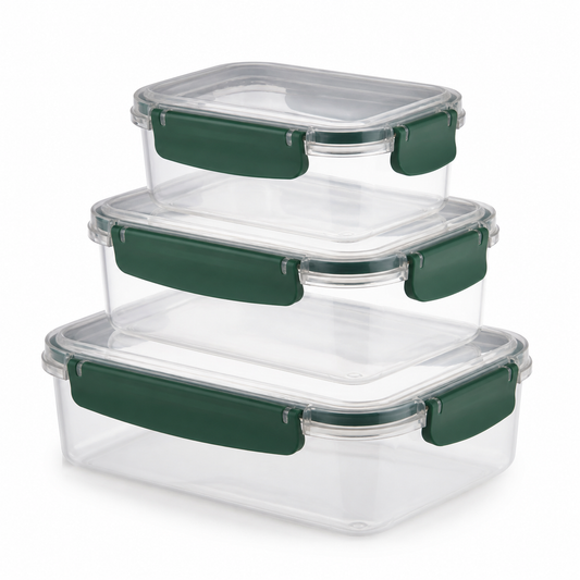 Set mediu de cutii depozitare rectangulare etanșe gold 3 buc (500-1000-1500 ml) - produs pe fundal alb